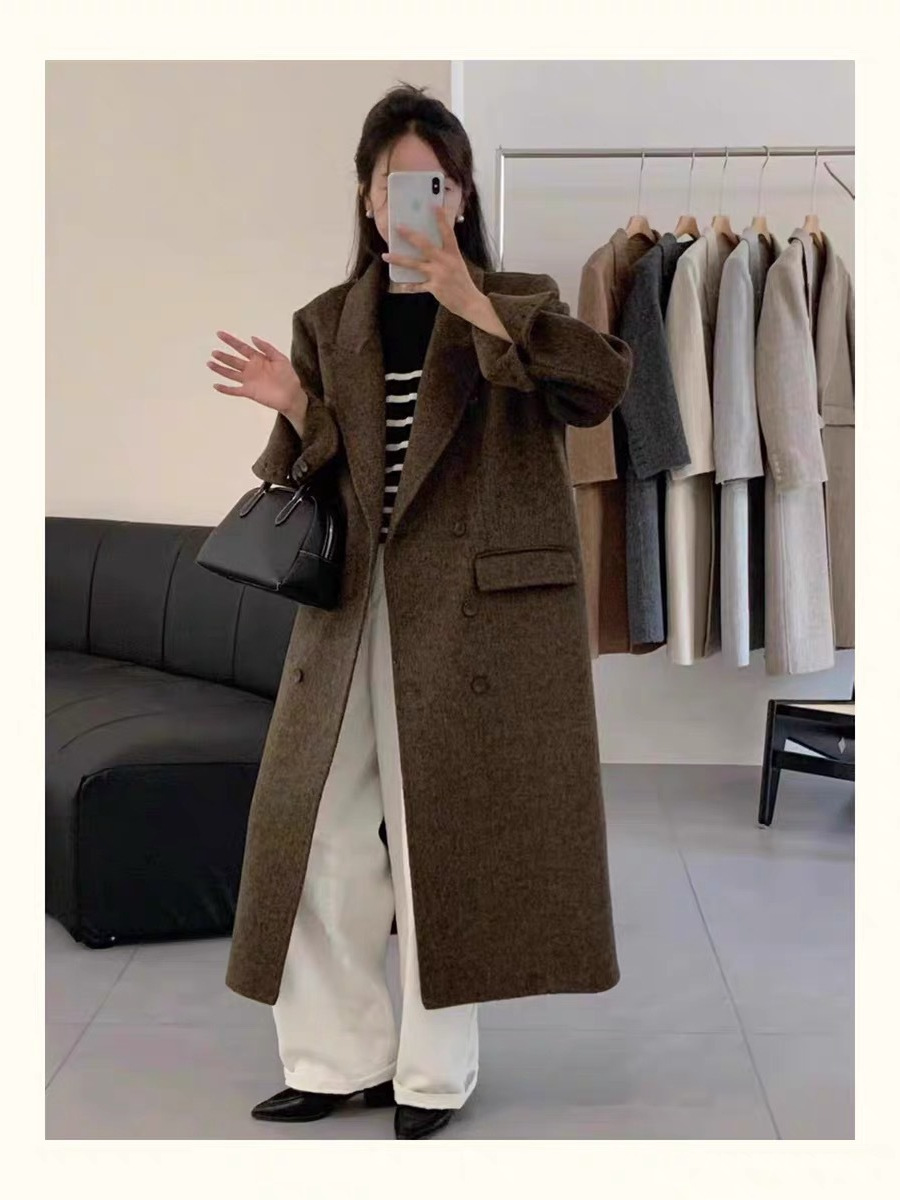 2025 Autumn and Winter New Herringbone Suit Collar Double-Sided Cashmere Outwear for Women Slimming Look Woolen Woolen Outwear with Shoulder Pads