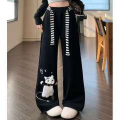 大きいサイズの太ったMMのアメリカ式のかわいい猫の黒色のカジュアルな衛のズボンの女性の秋冬の怠惰な風の垂れ下がった感のゆったりしている広腿のズボン