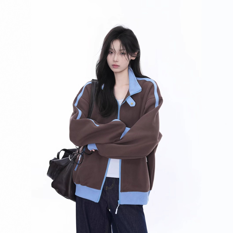 Niche American Retro Color-Blocking Stand Collar Jacket Unisex Design Loose Neutral Style Sweatshirt Zipper Cardigan Coat