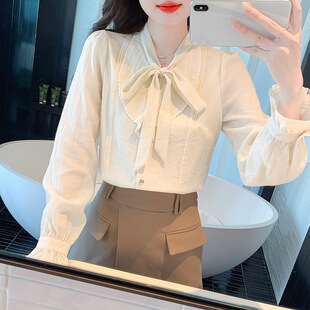 French Bow Chiffon apricot Shirt 2024 Early Autumn New Women's Autumn Long Sleeve Shirt