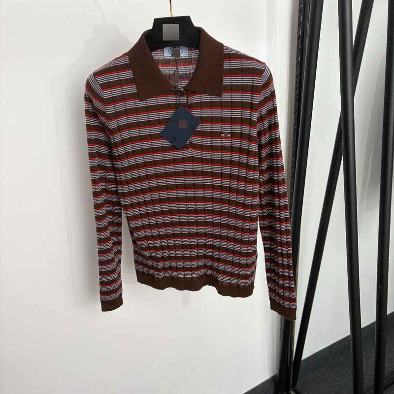 Nanyou high-end foreign trade style new letter embroidery contrast stripe polo collar long-sleeve wool knit sweater top