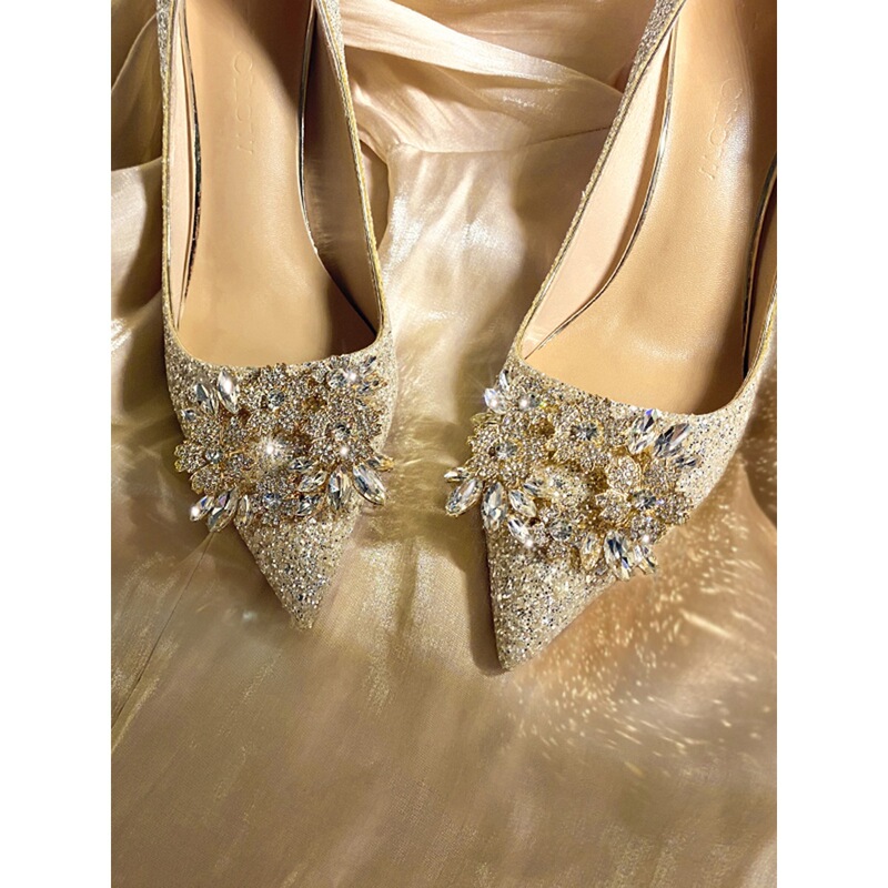 Wedding Shoes Xiuhe Wedding Dress Two-Wear Crystal Shoes Bridal Shoes Women's Champagne High Heels Not Tiring Feet Rhinestone Pointed Toe Shoes