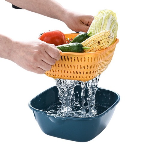 新款家用厨房多功能塑料方形蔬菜洗菜篮撞色双层沥水篮六件套装