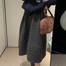 强烈推荐！复古毛呢A版半身裙女秋冬新款韩系极简压褶显瘦中长裙