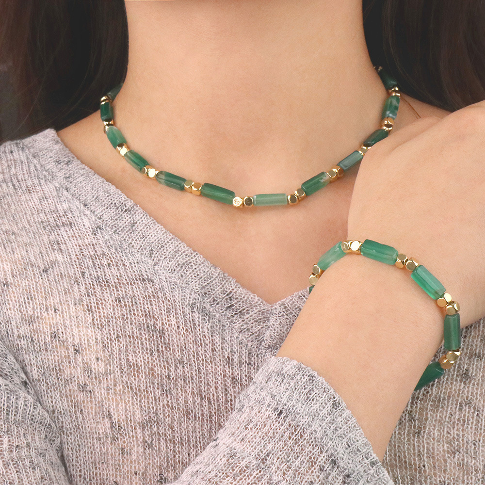 Fashion Rectangle Copper Plating Artificial Gemstones Bracelets Necklace 2 Piece Set