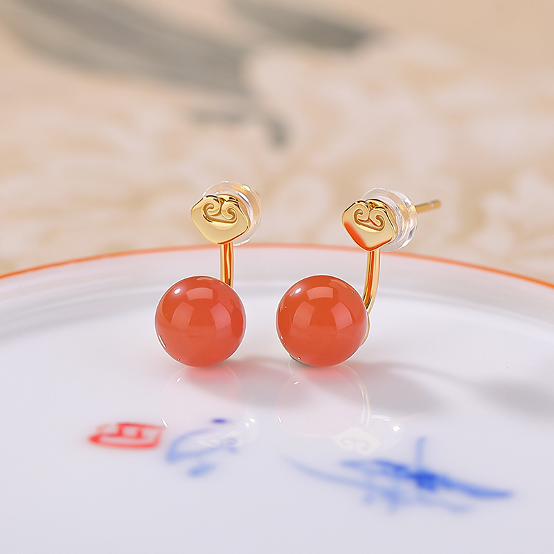 Khuyên tai bạc S925 mạ vàng đính đá thủy ngọc hồng mã não hình tròn — Thanh Thủy Ngọc