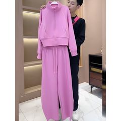 简约大方休闲运动套装女2025秋新款欧货蓝色外套上衣阔腿裤两件套