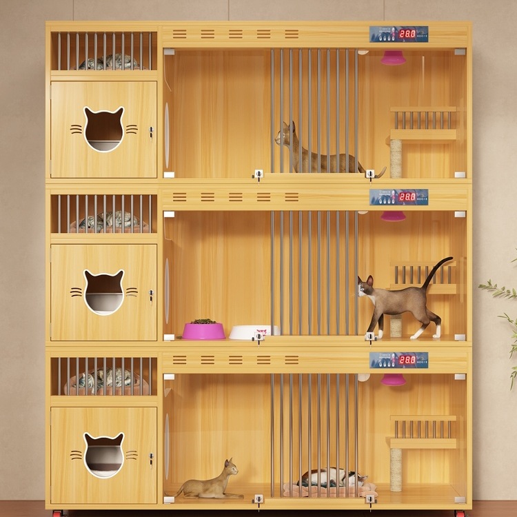 Cat Villa Solid Wood Cat Nest Constant Temperature Cat Cabinet Three-Story Luxury Pet Display Cabinet Home Breeding Cattery Foster Care Cat Cage