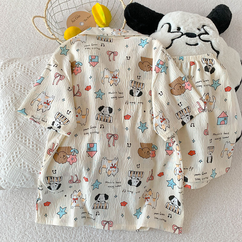 Impresión de dibujos animados nubes de algodón pijama de mujer verano nuevo suelto delgado pareja ropa de hogar de mangas cortas pantalones cortos dos piezas