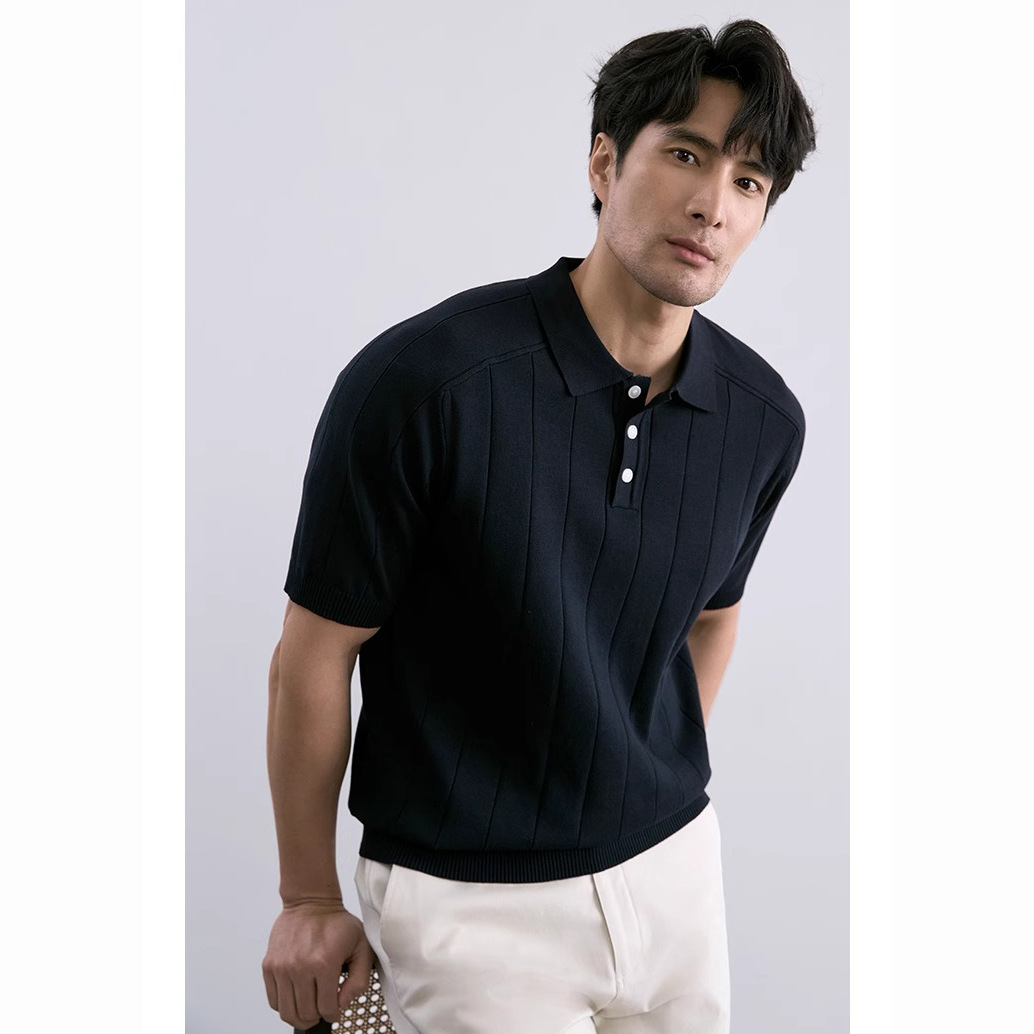 Verano nuevo suéter de punto de seda de hielo de manga corta camisa POLO para hombre camiseta de negocios delgada a rayas comercio exterior al por mayor transfronterizo image 7