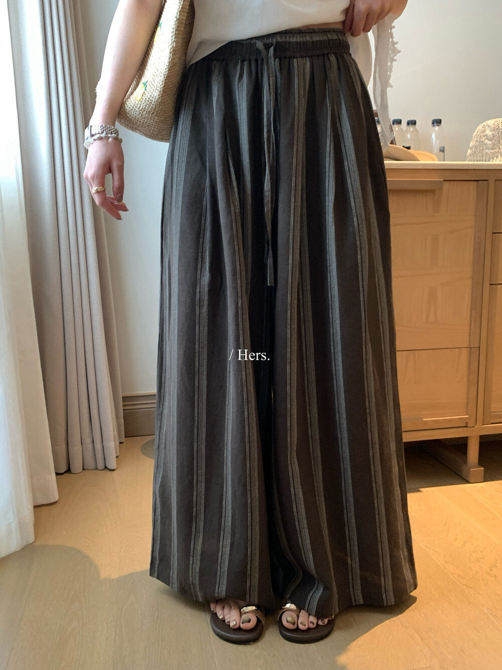 Quần culottes nữ ống rộng cạp cao chun rút dây sọc kẻ chất liệu ramie mùa hè — Màu cà phê, màu mơ chi tiết 33