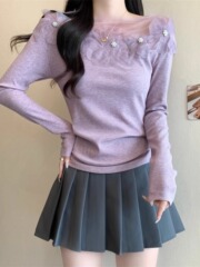紫色一字肩网纱花边长袖针织衫女早秋大码胖mm收腰显瘦高级感上衣