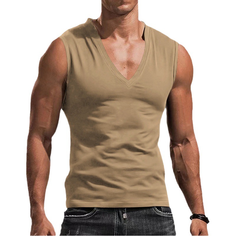 2023 Cross-border Foreign Trade European Code Summer Men's Solid Color V-neck Vest Casual Breathable Sleeveless T-shirt Vest in Stock