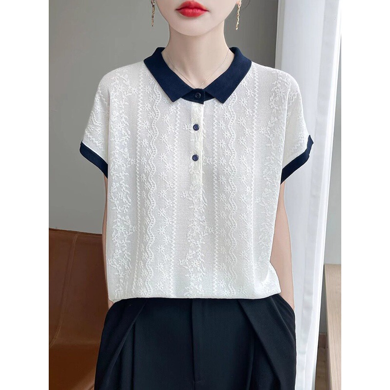 Color-Blocked Small Lapel Short-Sleeve Women's Summer New Style Raglan Flutter Sleeve Polo Collar Jacquard Knit T-Shirt Versatile Top Color-Blocked Small Lapel Short-Sleeve Women's Summer New Style Raglan Flutter Sleeve Polo Collar Jacquard Knit T-Shirt Versatile Top