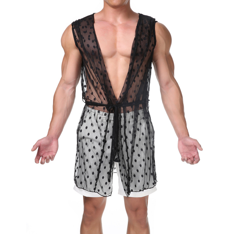 Men's Sexy Underwear Sleeveless Lace Hooded Long Bathrobe Sexy Comfortable Perspective Ultra-thin Mesh Pajamas European Size