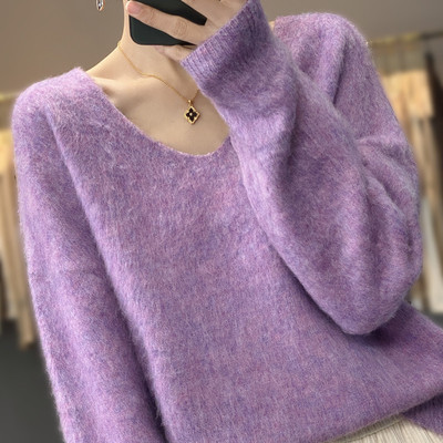 女装气质冬v领加厚毛衣纯色宽松显瘦外穿大毛衣毛衫羊毛拉绒套头|ru