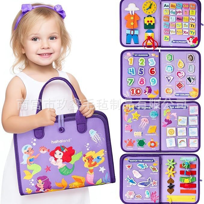 Inventario transfronterizo tablero de aprendizaje de fieltro infantil educación temprana tablero de fieltro DIY púrpura de cinco páginas sirena libro tranquilo al por mayor