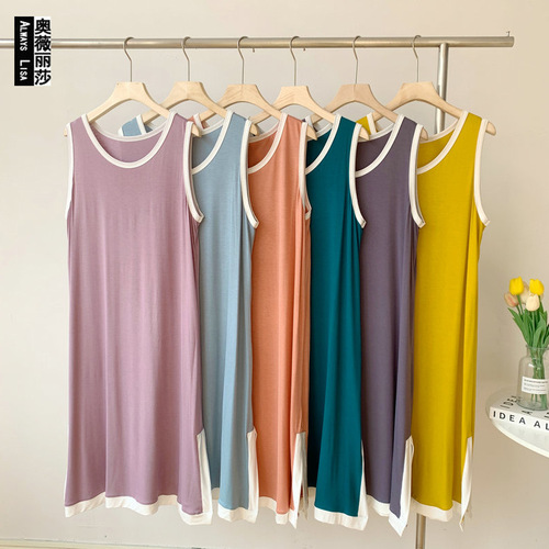 Women's Striped Sleeveless Modal Dress, Long-Sleeve Base Dress, Loose Plus Size Slimming Side Slit Sleepwear