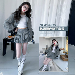 女中童时尚复古黑白格子短外套女2025秋季新款百褶蛋糕短裙两件套