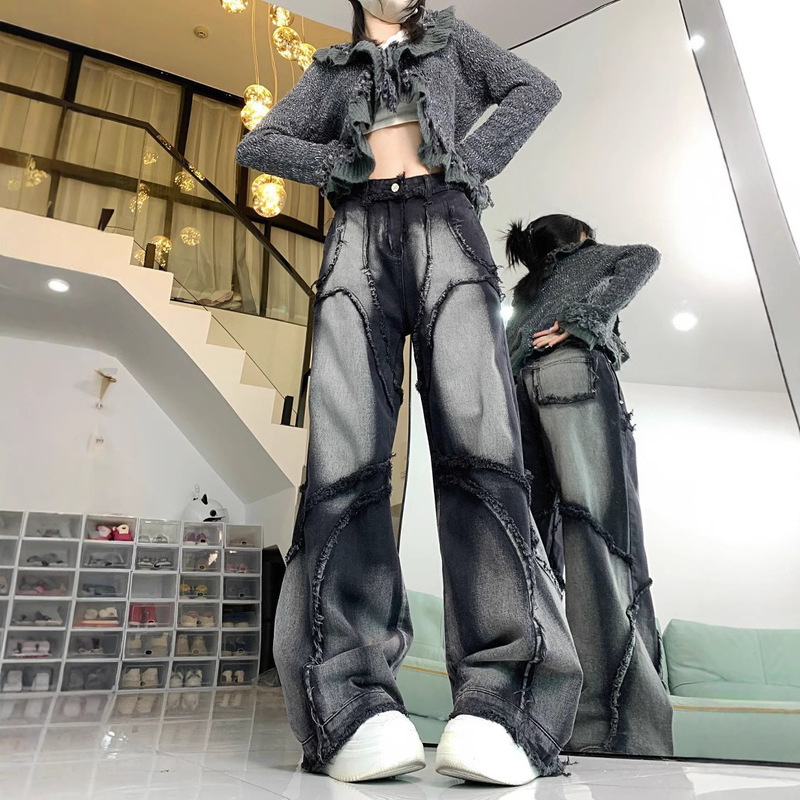 Y2K American Retro Diablo Style Jeans Wash Hot Girl Design Sense Straight Pants High Street Loose Pants