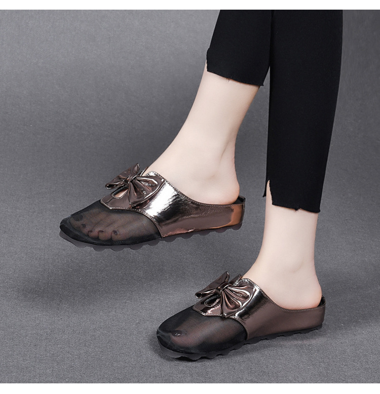 Dép sandal nữ bít mũi lưới thắt nơ da thật đế bằng mềm chống trượt — Màu đen chi tiết 19