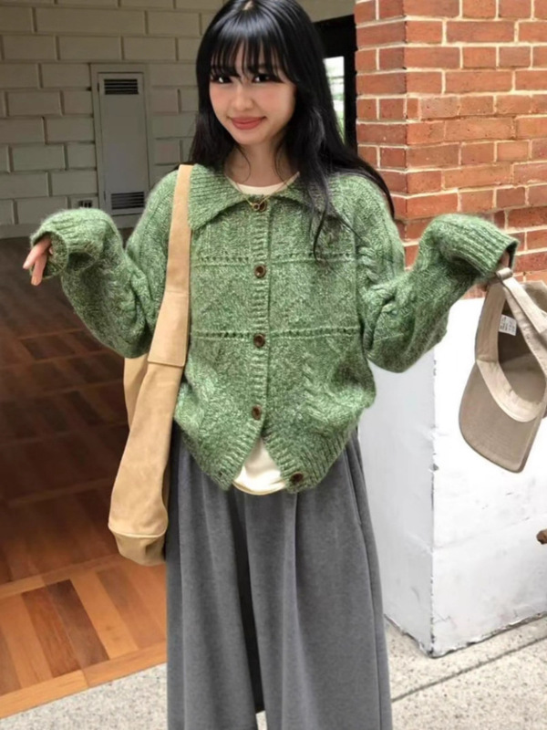 跨境韩国秋冬新款毛衣外套女装翻领温柔风麻花镂空针织开衫上衣|undefined