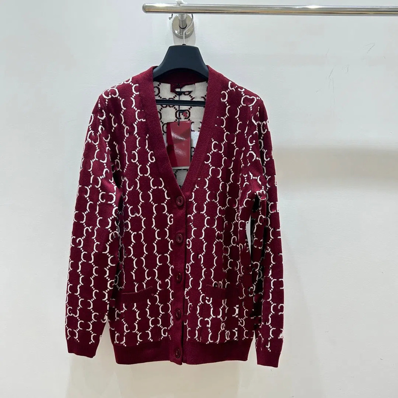 Shenzhen Nanyou G Home New Temperament Old Flower Ankola Red Full Letter Double-sided Jacquard Knitted Sweater Cardigan