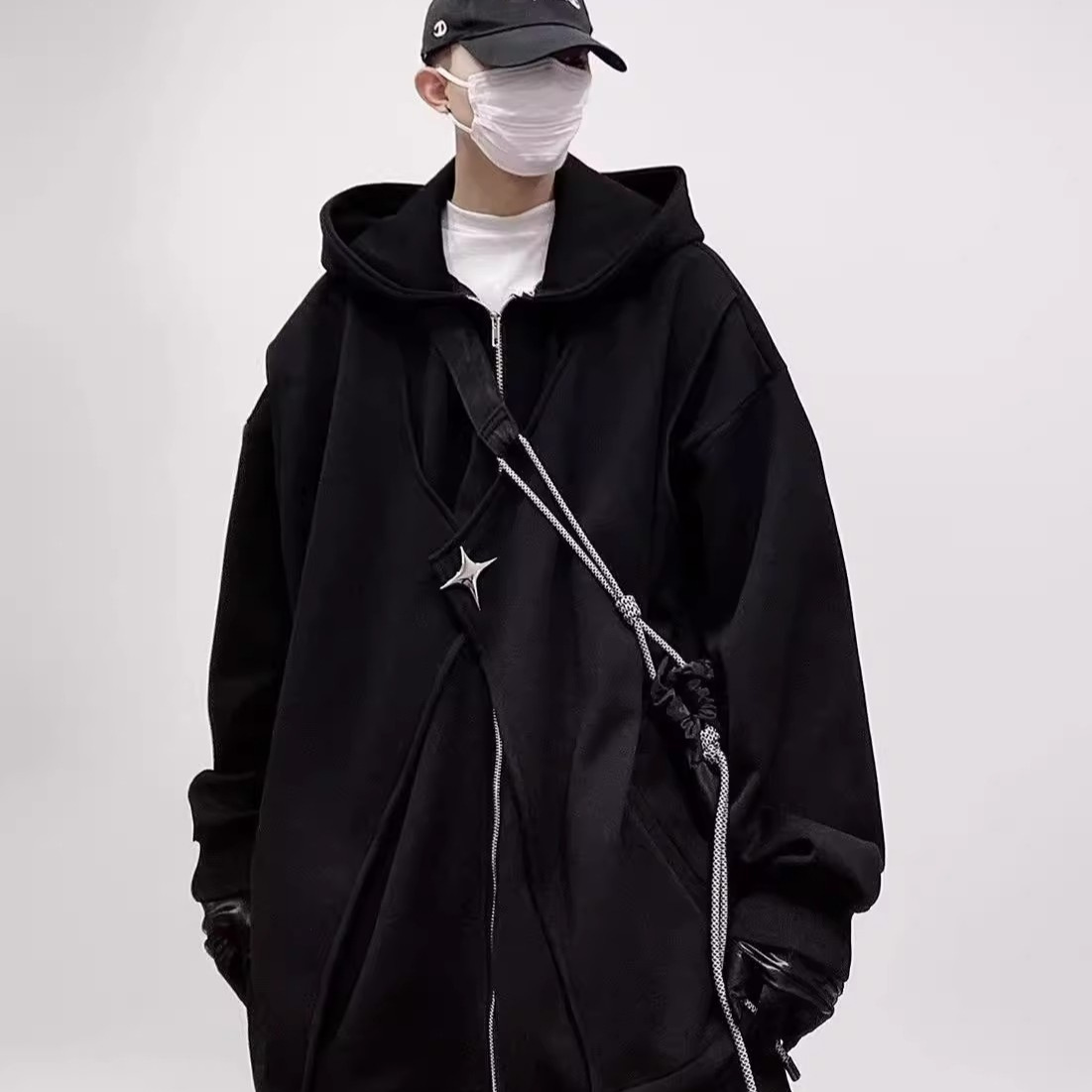 Nueva marca de moda americana suéter de rebeca con capucha ancha negra primavera y otoño para hombre chaqueta deportiva casual