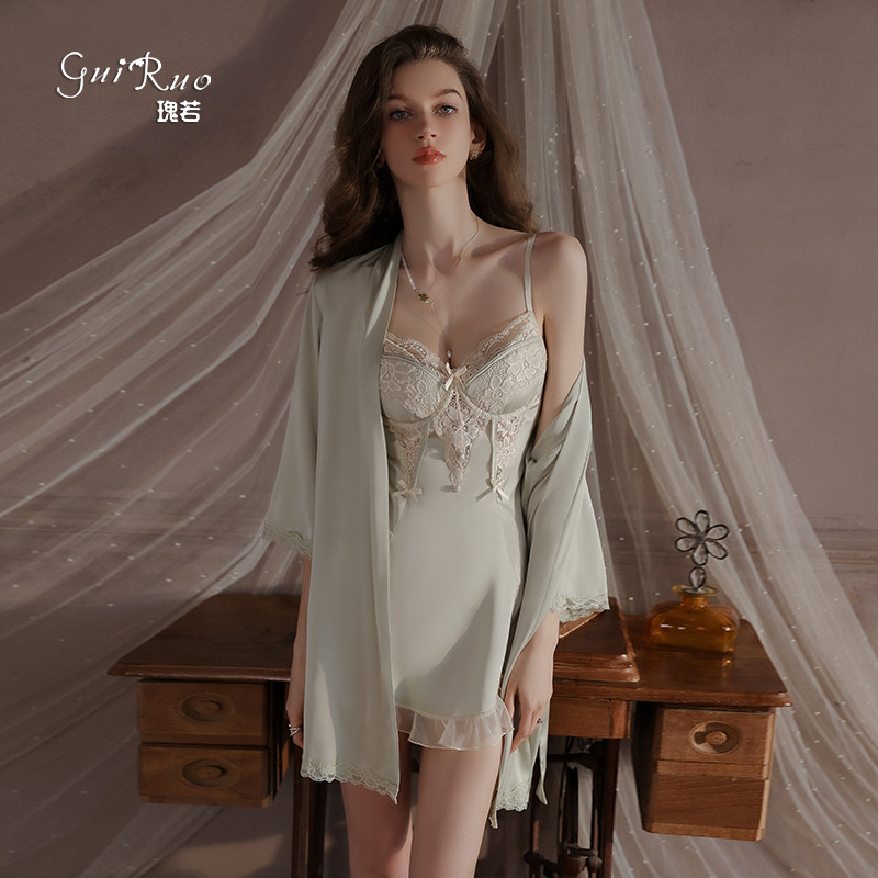 Guiruo Brand Underwear Smooth Satin Spinning Yarn Sexy Steel Ring Chest Pad Suspender Nightdress Gown Home suit 4240