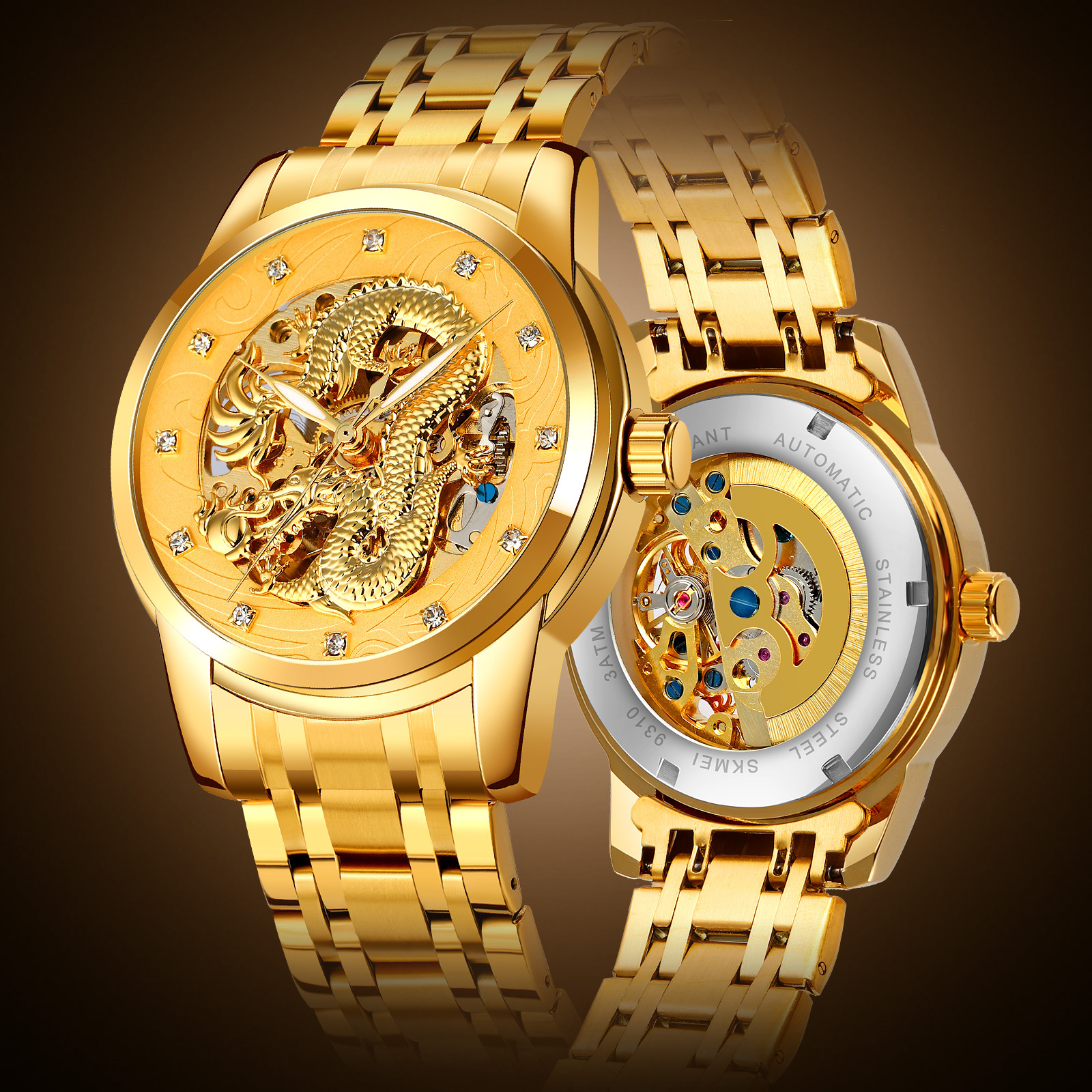Momento de belleza en relieve de oro dragón penetrante reloj mecánico con diamante correa de acero impermeable reloj de hombre comercial personalizado transfronterizo al por mayor