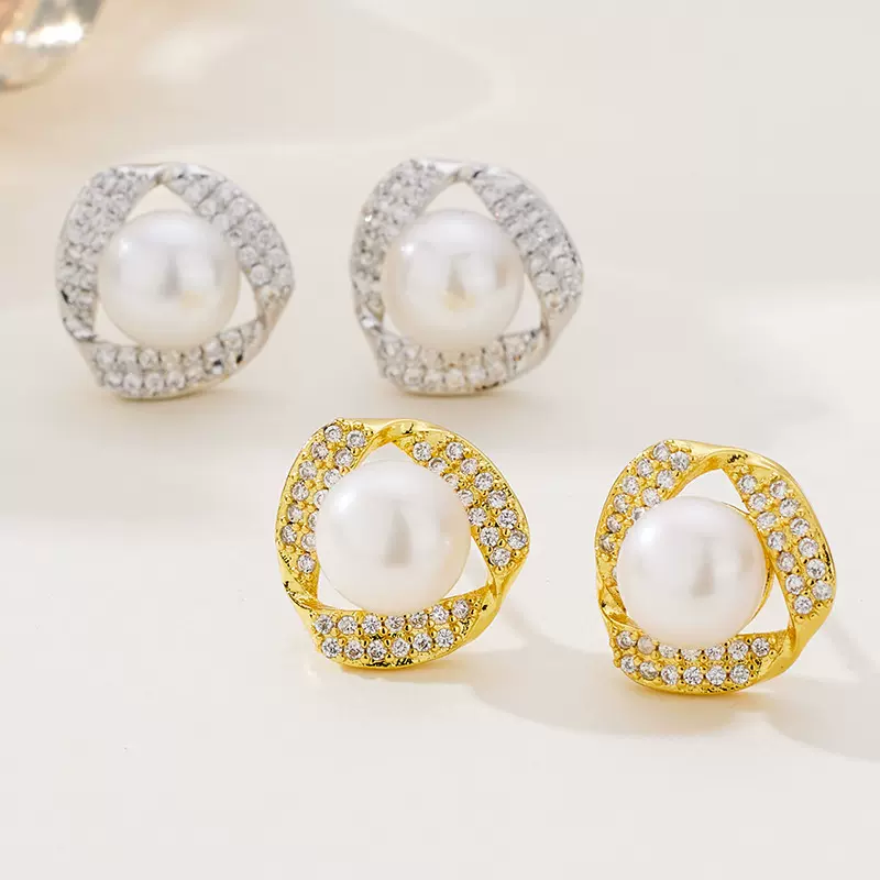 厂家直供个性淡水珍珠微镶锆石丝带耳钉少女网红气质优雅耳环耳饰