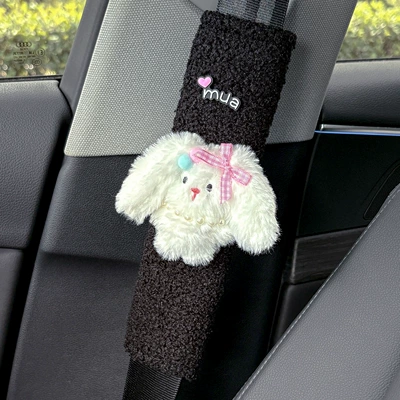 Pad Car Interior Decoration Car | Seat belt shoulder pad - mua-letters-pink-bow-big-eared-rabbit-lambswool-shoulder-pads-black
