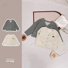 棉麻V领男女童装开衫25年秋季新款 宽松舒适洋气百搭长袖儿童卫衣