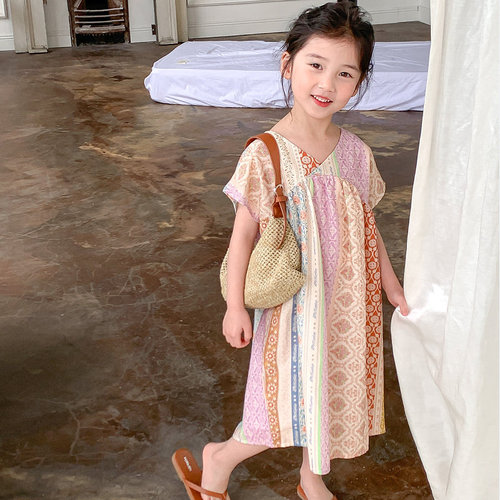 Girls skirt ethnic style V-neck dress princess skirt 24 summer clothes new foreign trade children's clothing drop shipping 3-8 years old