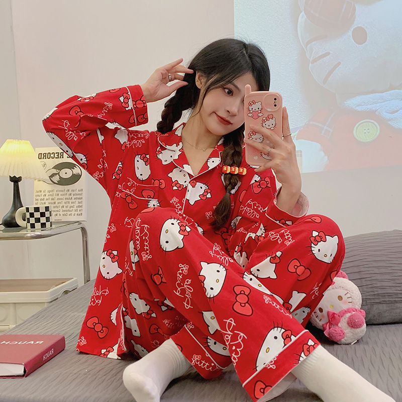 女性用パジャマ、秋の長袖セット、新しいお祝い干支年、かわいい漫画、甘いホームウェア、実物写真、卸売|undefined