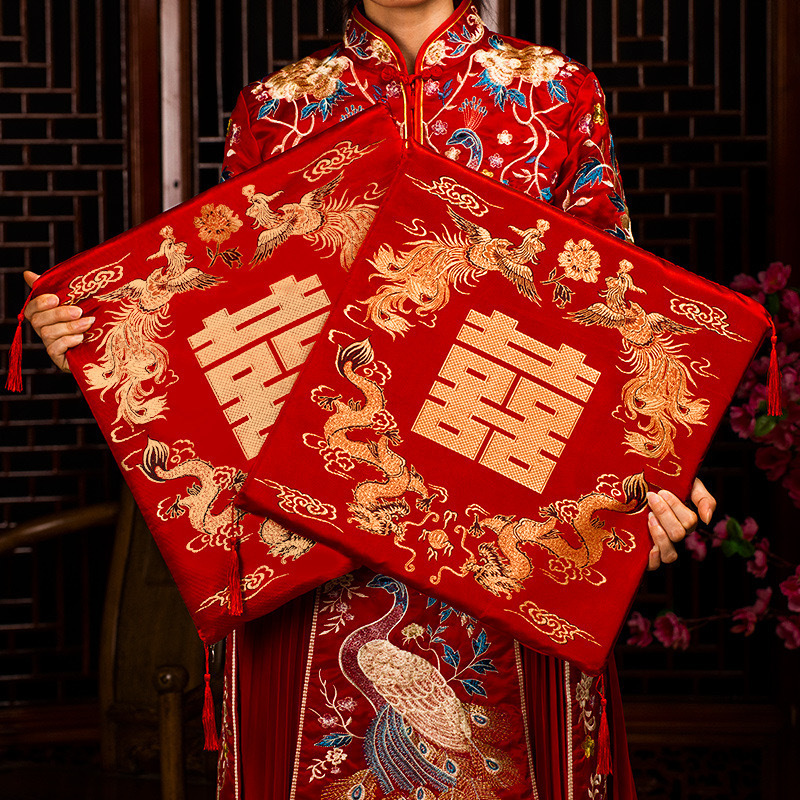 结婚喜被坐福垫出嫁刺绣百福被新娘压床喜垫福垫婚房布置陪嫁用品|undefined