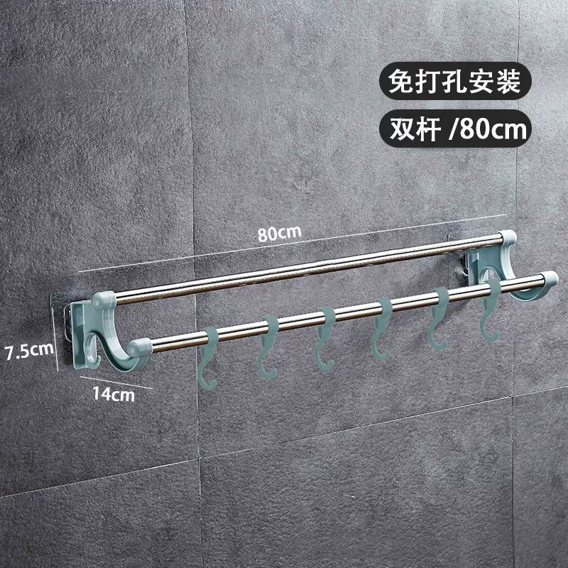 Stainless steel multi-purpose towel rack with hooks, no drilling, various sizes, durable design