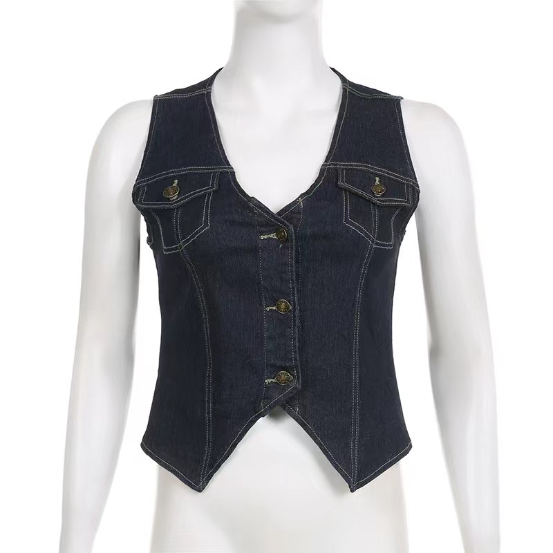 Ropa de mujer europea y americana Amazon Comercio exterior transfronterizo exclusivo para Calle Hipster ropa de trabajo de un solo pecho cintura lavada Chaleco de mezclilla