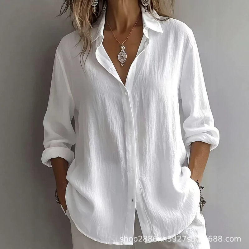 New cross-border 2026 European and American women's clothing Amazon spring bestseller solid color linen turn-down collar long-sleeve casual shirt New cross-border 2026 European and American women's clothing Amazon spring bestseller solid color linen turn-down collar long-sleeve casual shirt