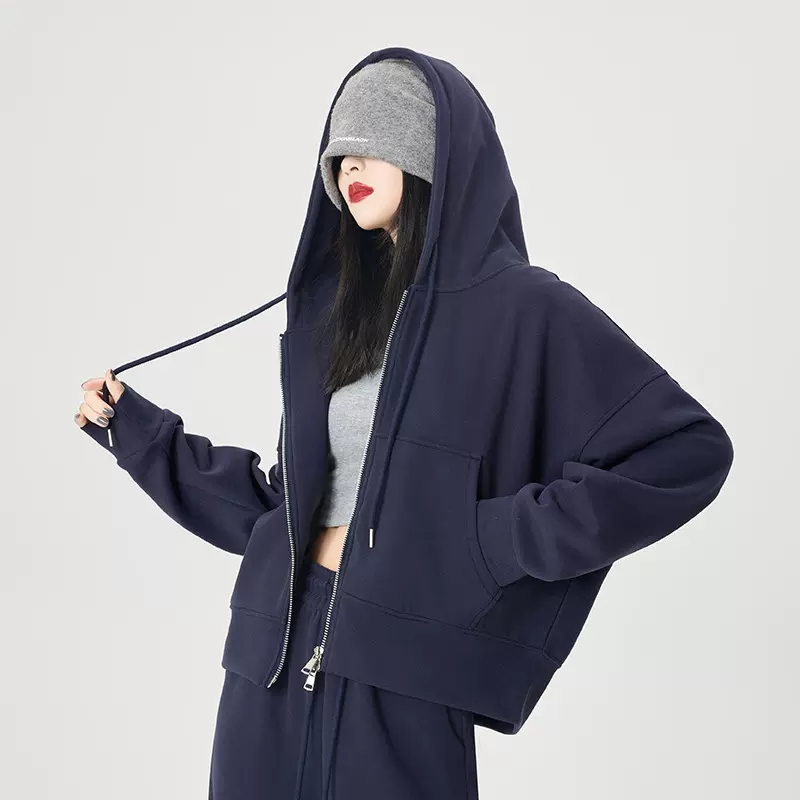 藏青色拉链连帽卫衣女春秋季小个子韩版宽松显瘦休闲外套百搭上衣