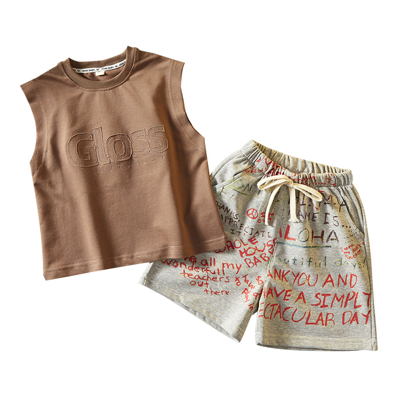 5377 Traje de verano para niños Ropa del tesoro para hombres Chaleco sin mangas para niños Pantalones cortos Chaleco delgado de dos piezas de moda