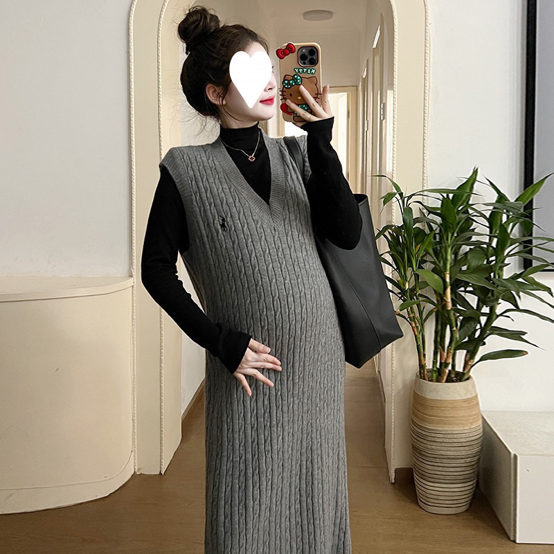 새로운 중국식 임산부복 가을과 겨울 정장 틈새 큰 배 조끼 드레스 외출 유행 스트레이트 아우터 조끼