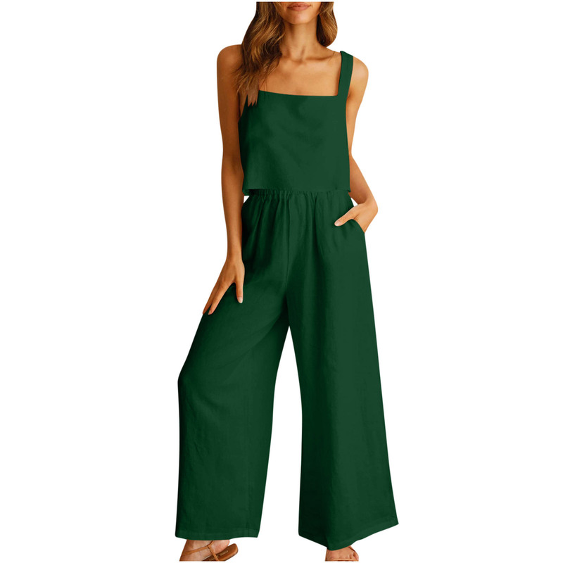 Women's 2-Piece Set: Square Neck Linen Tank Top, Cropped Top, Wide-Leg Pants, Casual Outfit, Sportswear