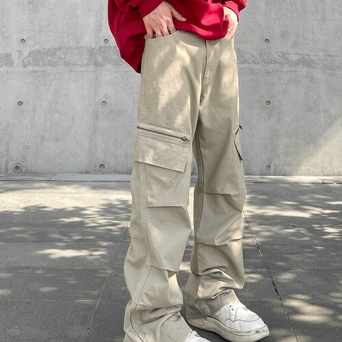 American Retro High Street Vibe Zipper Split Crease Khaki Work Pants for Men, Ins Trendy Straight Leg Micro-Wide Pants