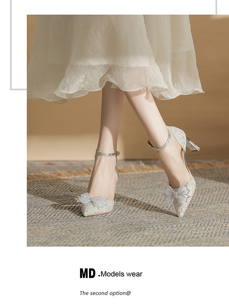 Giày sandal cao gót nữ quai ngang mũi nhọn gót nhọn CH8006-5 — Màu Sâm panh chi tiết 14
