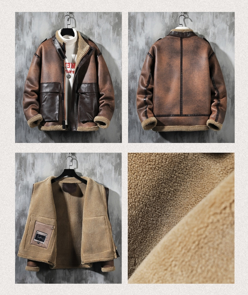Vêtements pour hommes Marque de mode Qualité Hiver Fourrure et velours Veste en cuir épaissi Manteau en coton ample grande taille pour hommes_voghion.com