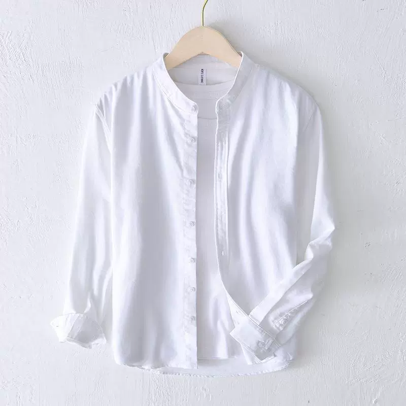 L927 Весенне-летняя хлопковая льняная рубашка с воротником-стойкой, мужская Свободная Повседневная Однотонная рубашка с длинным рукавом, Мужская цельная шерсть