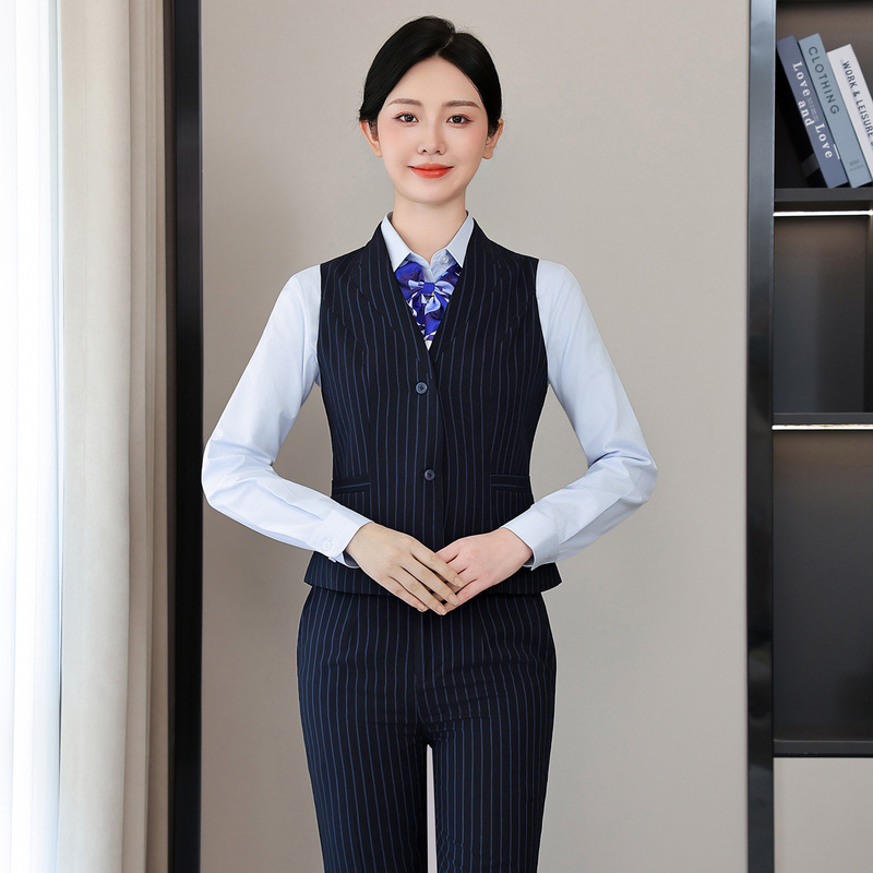 Striped Vest Suit, Bank Uniform Shirt, Men's and Women's Workwear, Light Blue Shirt, Long-Sleeved Construction Formal Bank Uniform
