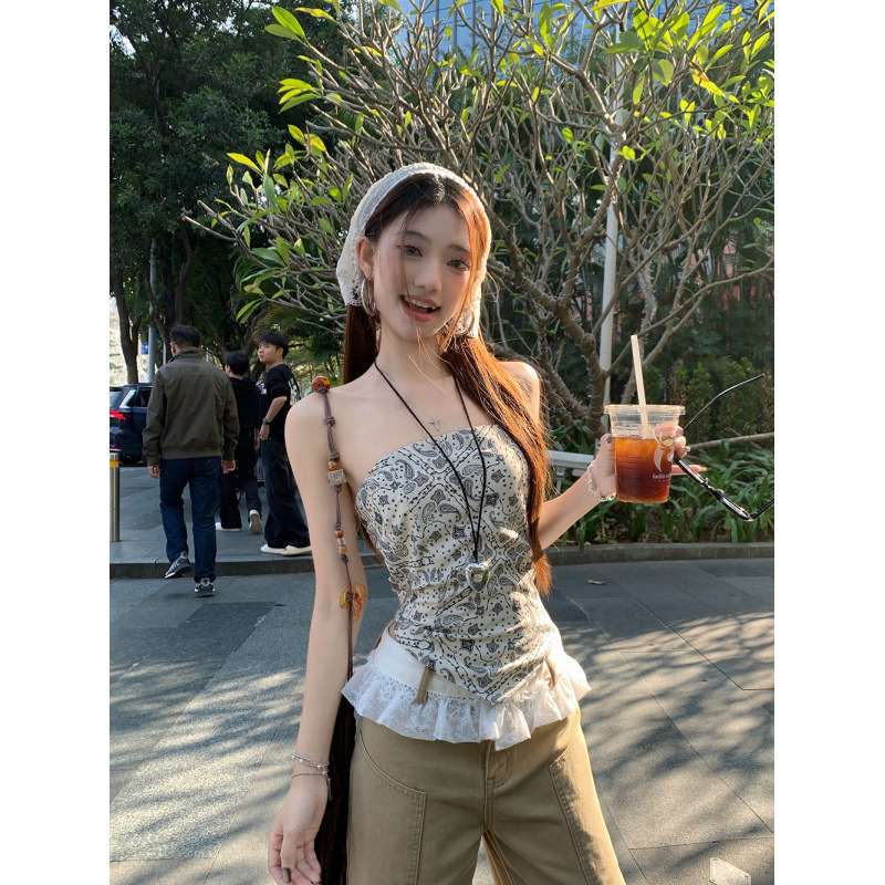 Women's 2025 Sleeveless Vest with French Design Sense Elegant Short Hot Girl Cashew Flower Strapless Top