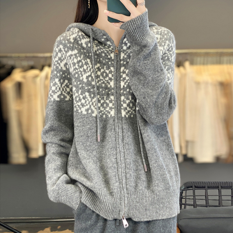 连帽拉链纯羊毛针织开衫女2025新款秋冬费尔岛女装毛衣外套上衣|undefined